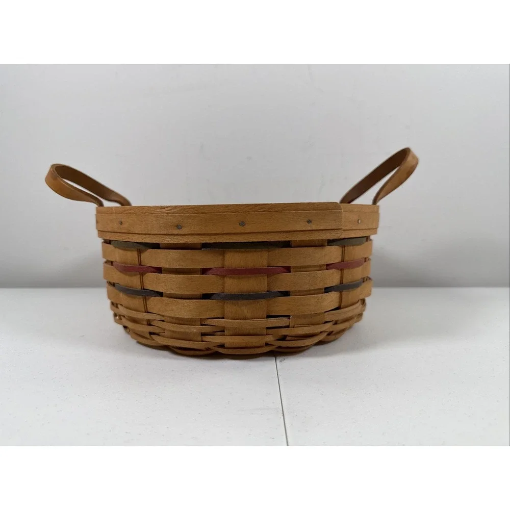 2005 Longaberger Darning Basket Round, Leather Handles, Plastic and Fabric Liner